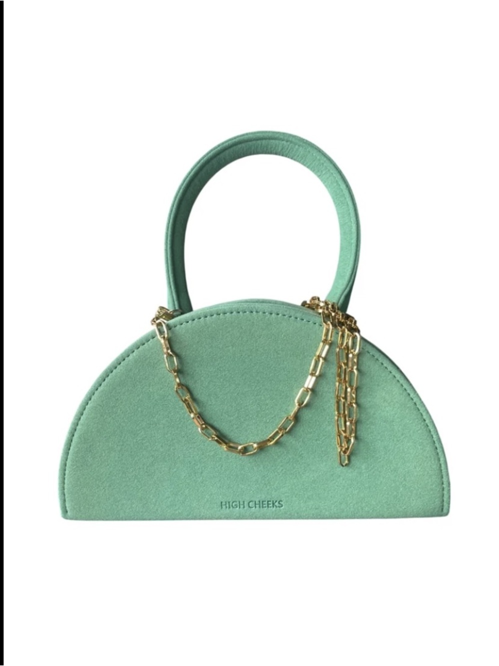HIGH CHEEKS Suede Half Moon Bag Mint Green Gold Chain Top Handle Purse EUC